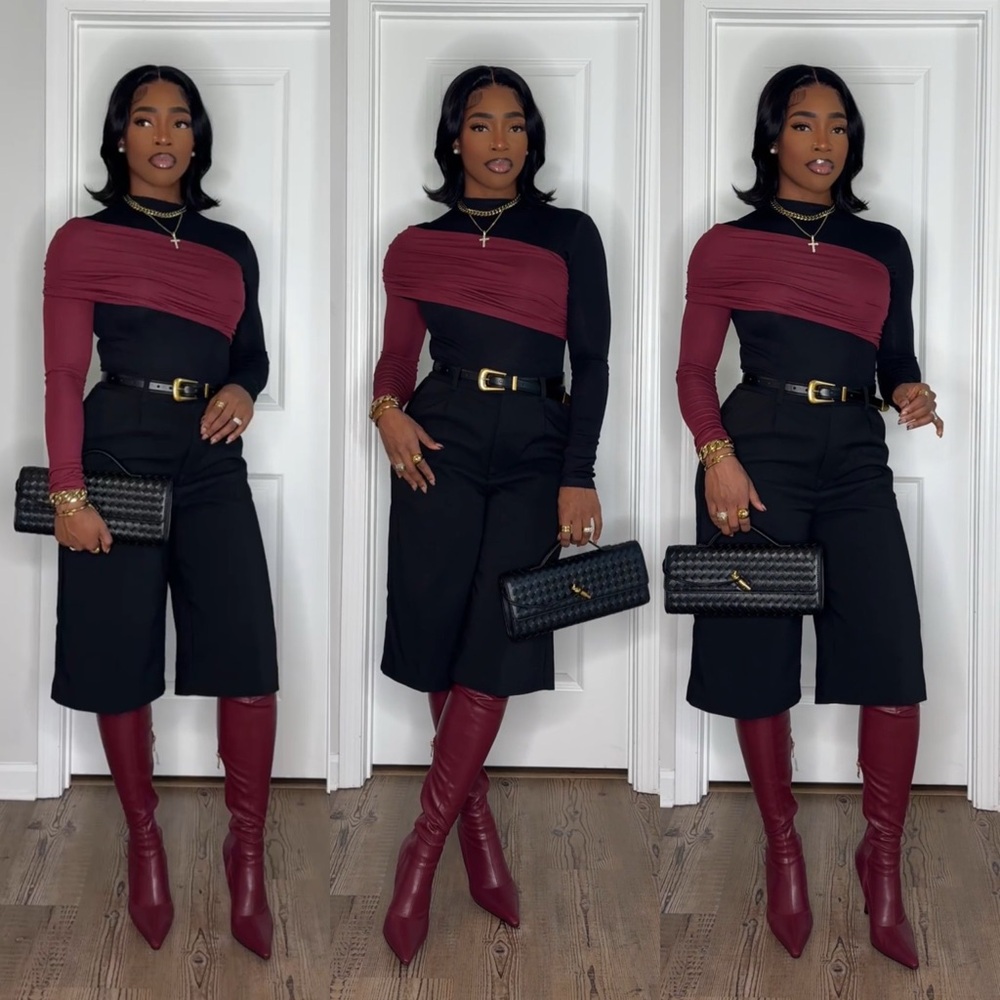 Two-Tone Burgundy and Black Asymmetric Knit Top